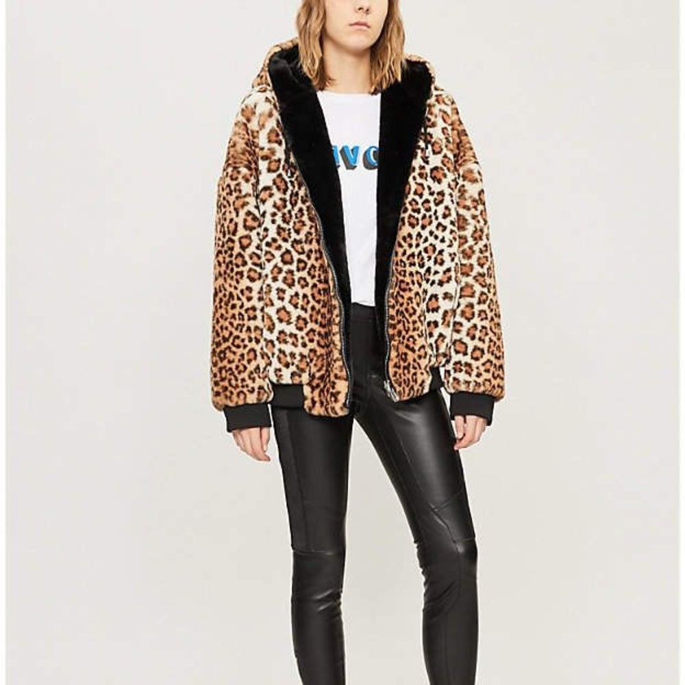 The Kooples Reversible Faux Fur Leopard Print Black Zipper Hoodie Coat